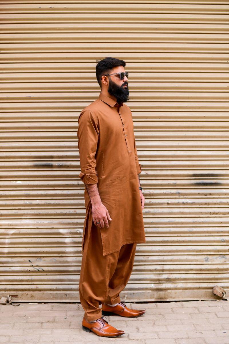 AlifYay - Cotton Kameez Shalwar For Men - Brown - 2 Piece Suit