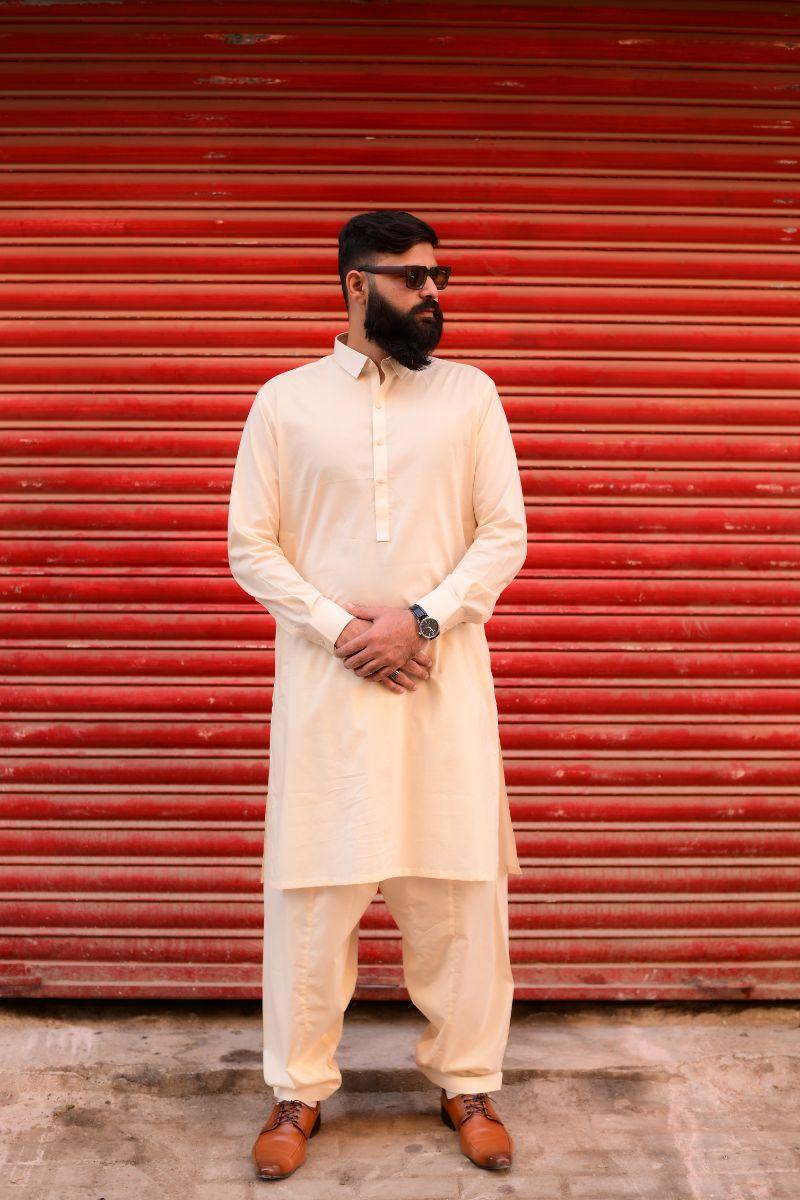 AlifYay - Cotton Kameez Shalwar For Men - Cream - 2 Piece Suit