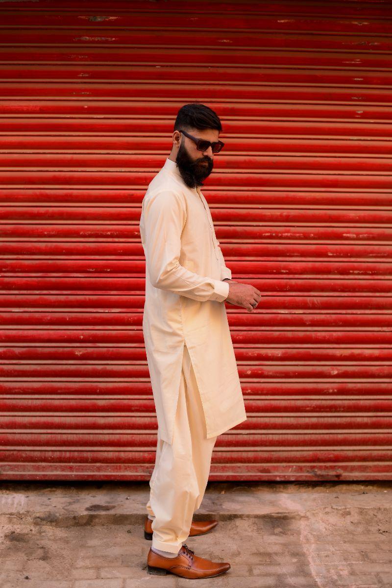AlifYay - Cotton Kameez Shalwar For Men - Cream - 2 Piece Suit