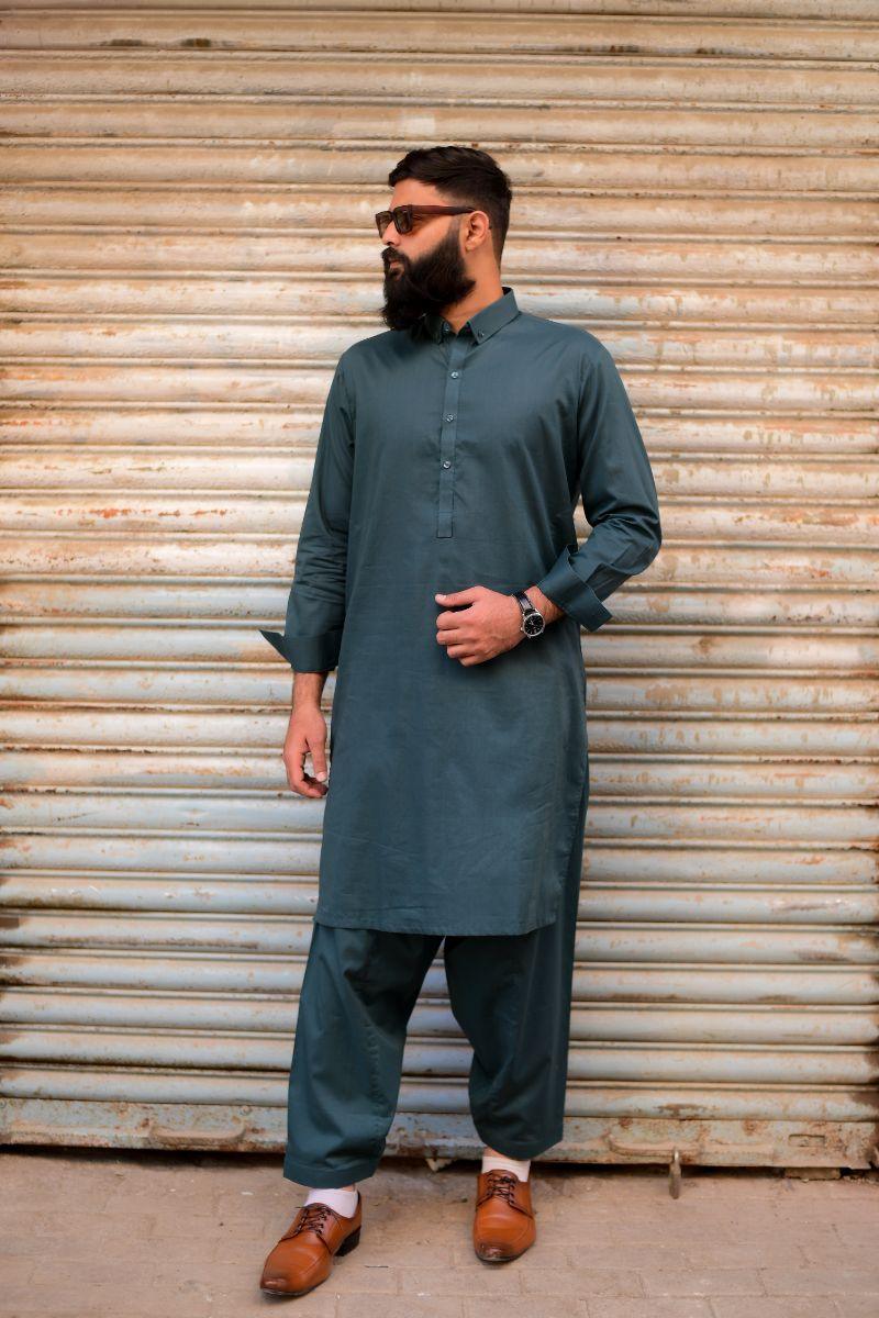 AlifYay - Cotton Kameez Shalwar For Men - Green - 2 Piece Suit
