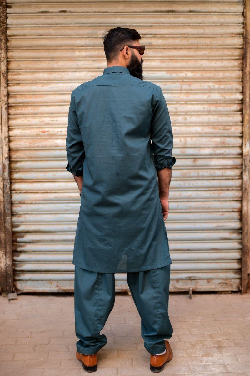 AlifYay - Cotton Kameez Shalwar For Men - Green - 2 Piece Suit
