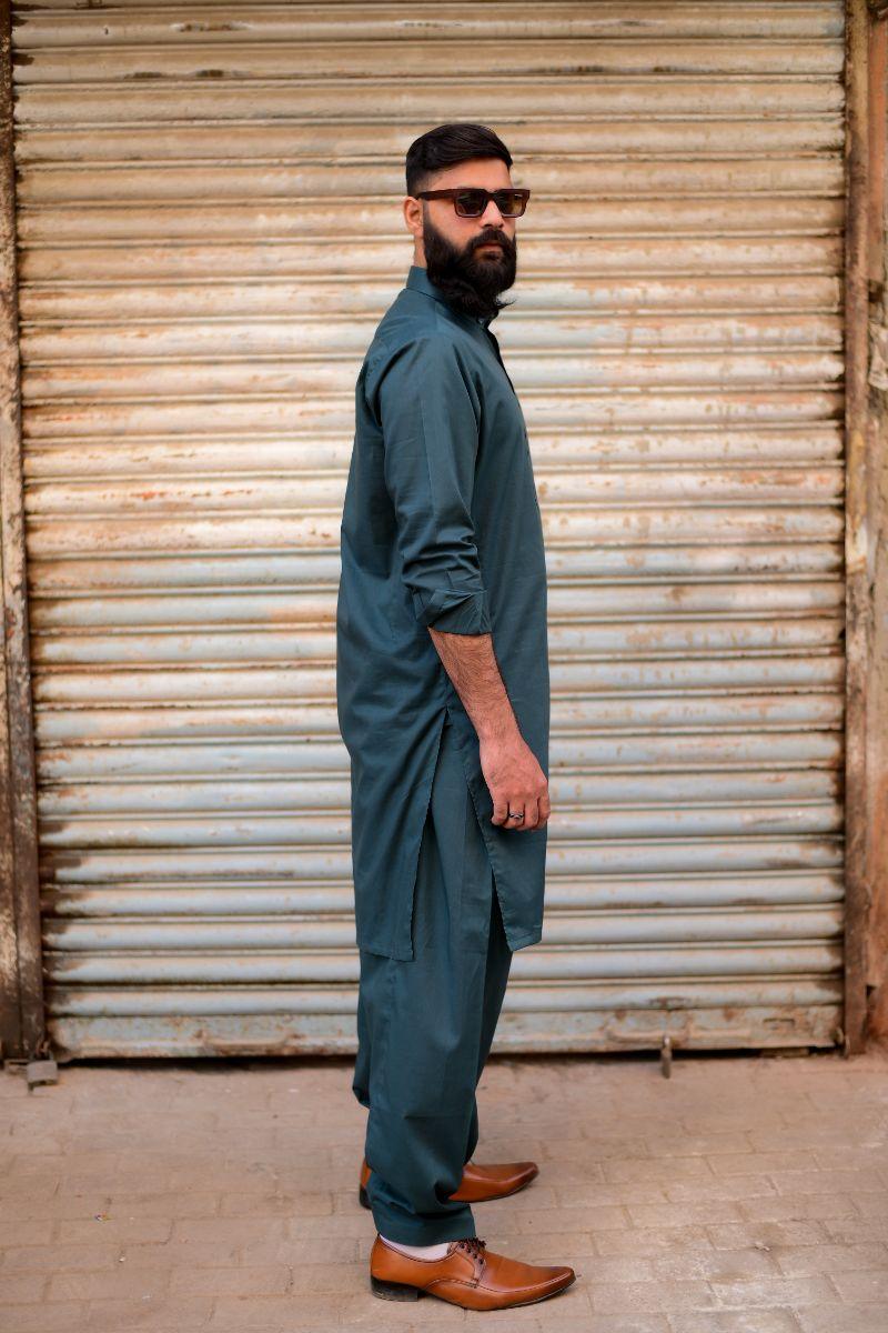 AlifYay - Cotton Kameez Shalwar For Men - Green - 2 Piece Suit