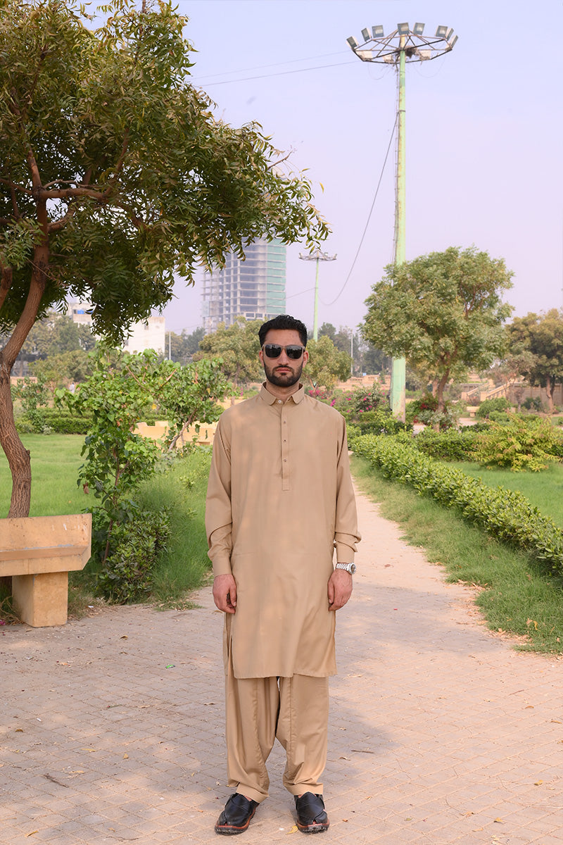 AlifYay - Cotton Kameez Shalwar For Men - Light Brown - 2 Piece Suit