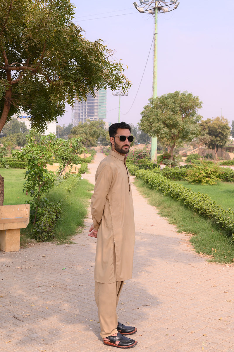 AlifYay - Cotton Kameez Shalwar For Men - Light Brown - 2 Piece Suit