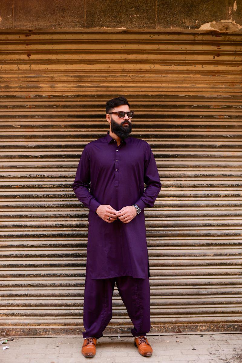 AlifYay - Cotton Kameez Shalwar For Men - Purple - 2 Piece Suit