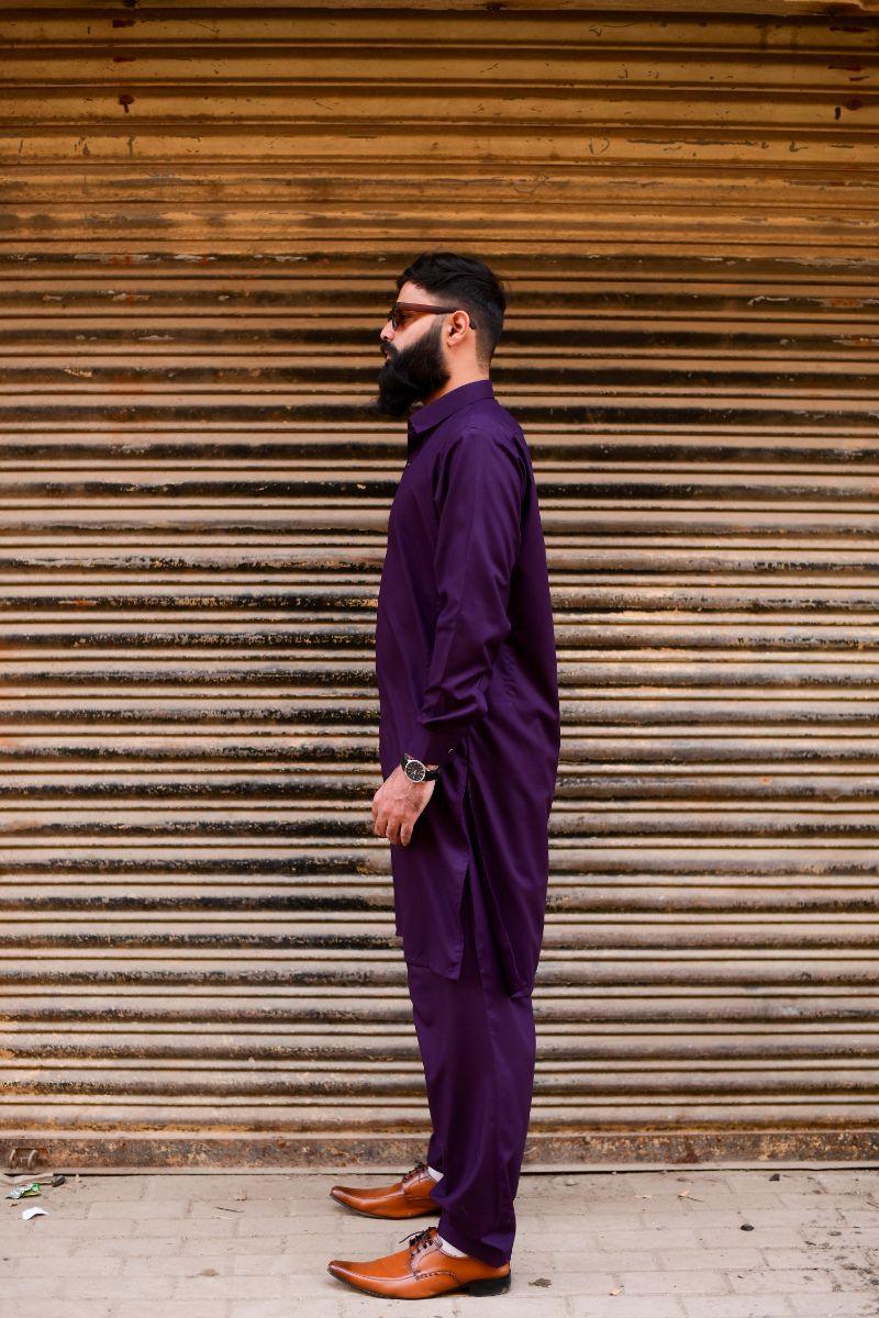 AlifYay - Cotton Kameez Shalwar For Men - Purple - 2 Piece Suit