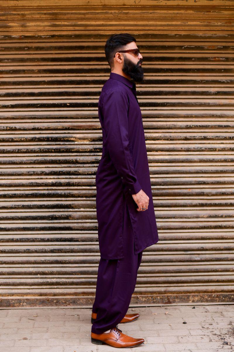 AlifYay - Cotton Kameez Shalwar For Men - Purple - 2 Piece Suit