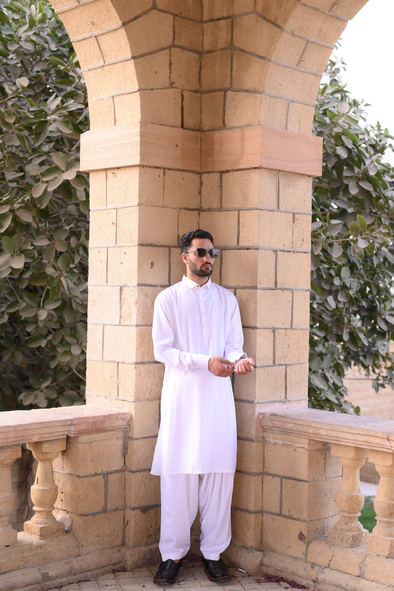 AlifYay - Cotton Kameez Shalwar For Men - White - 2 Piece Suit
