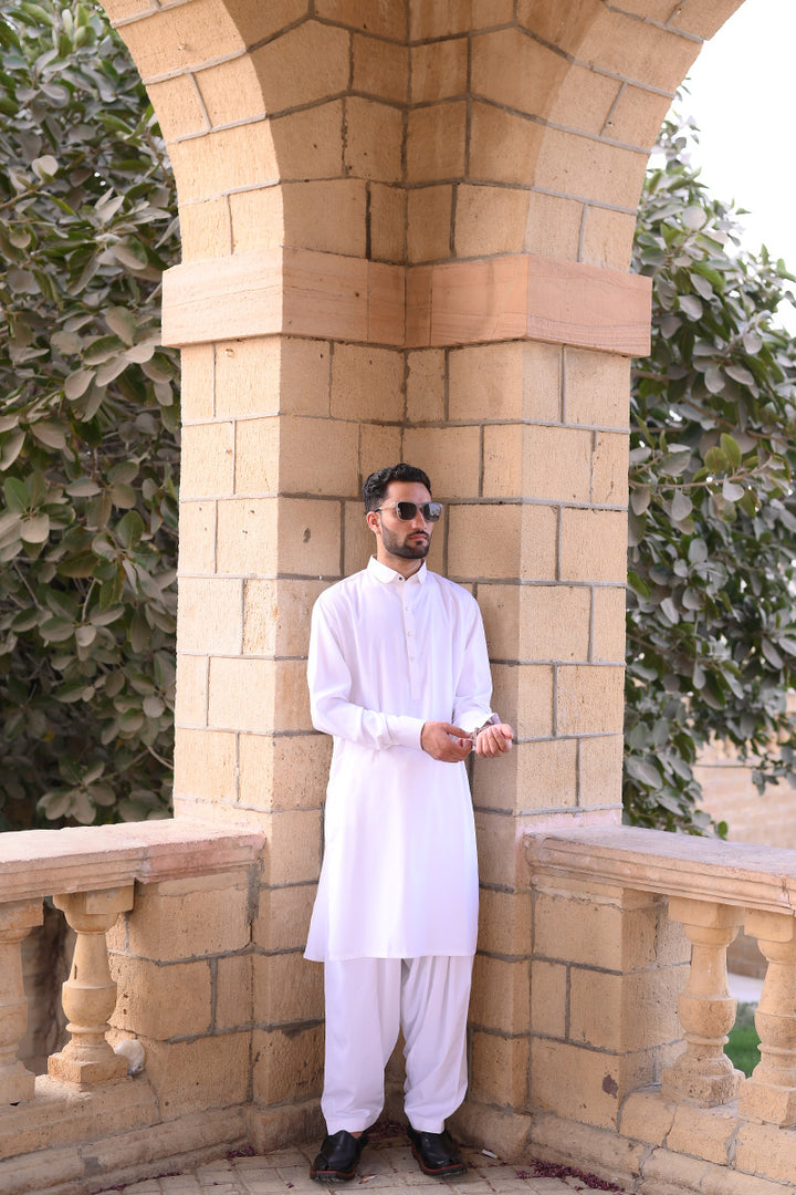 AlifYay - Cotton Kameez Shalwar For Men - White - 2 Piece Suit