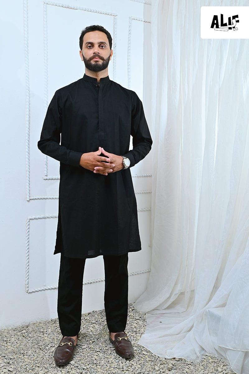 AlifYay - Cotton Kurta Pajama For Men - Black - 2 Piece Suit