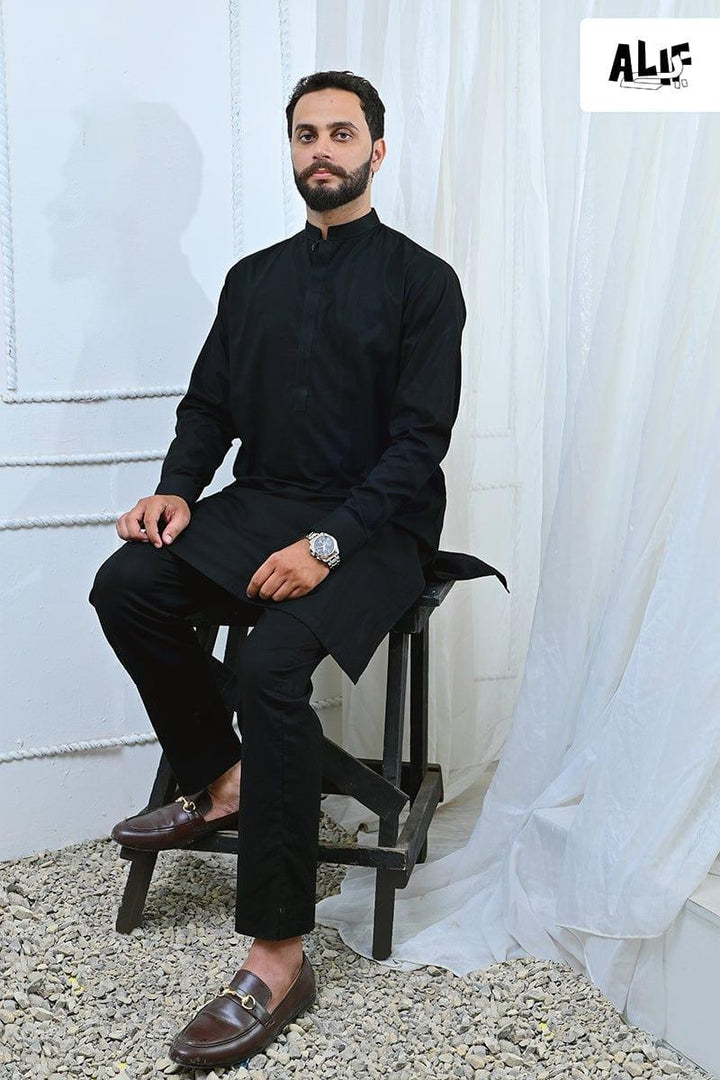 AlifYay - Cotton Kurta Pajama For Men - Black - 2 Piece Suit