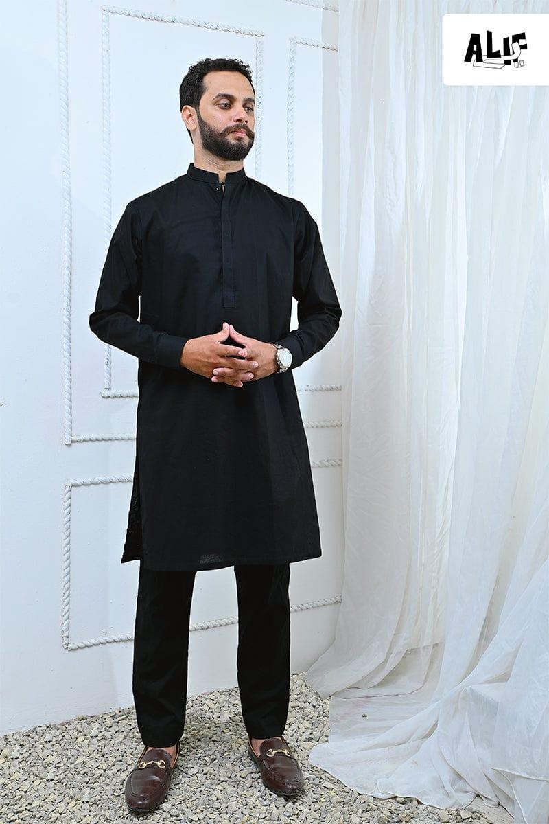 AlifYay - Cotton Kurta Pajama For Men - Black - 2 Piece Suit