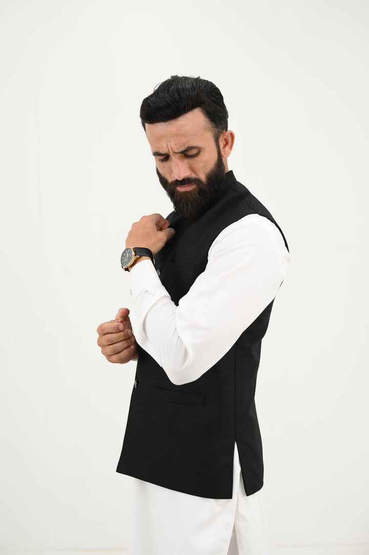 AlifYay - Woolen Kurta Shalwar With Waistcoat For Men - White & Black - 3 Piece Suit