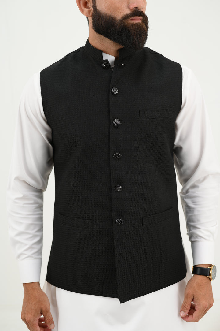AlifYay - Woolen Kurta Shalwar With Waistcoat For Men - White & Black - 3 Piece Suit