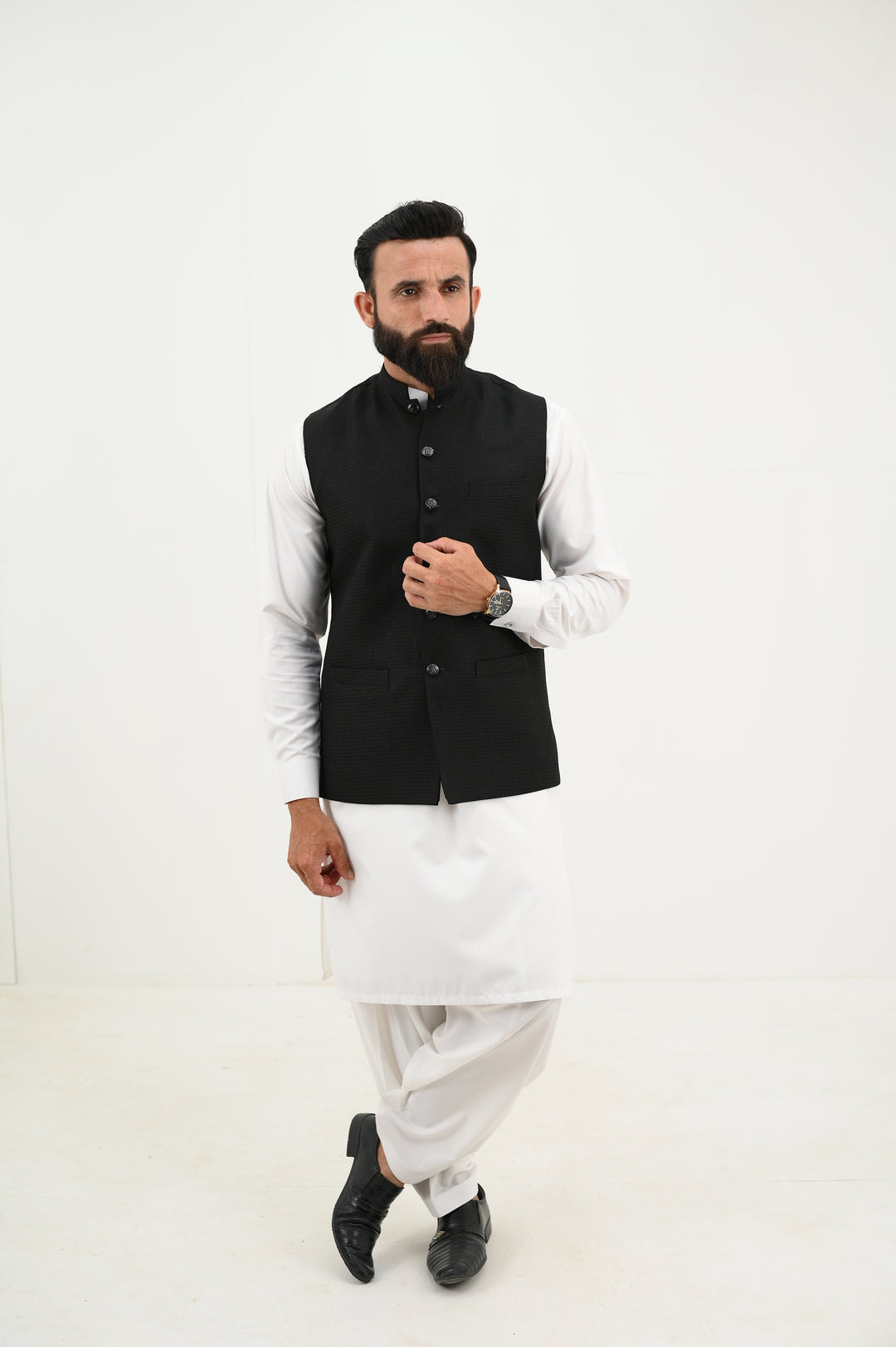 AlifYay - Woolen Kurta Shalwar With Waistcoat For Men - White & Black - 3 Piece Suit