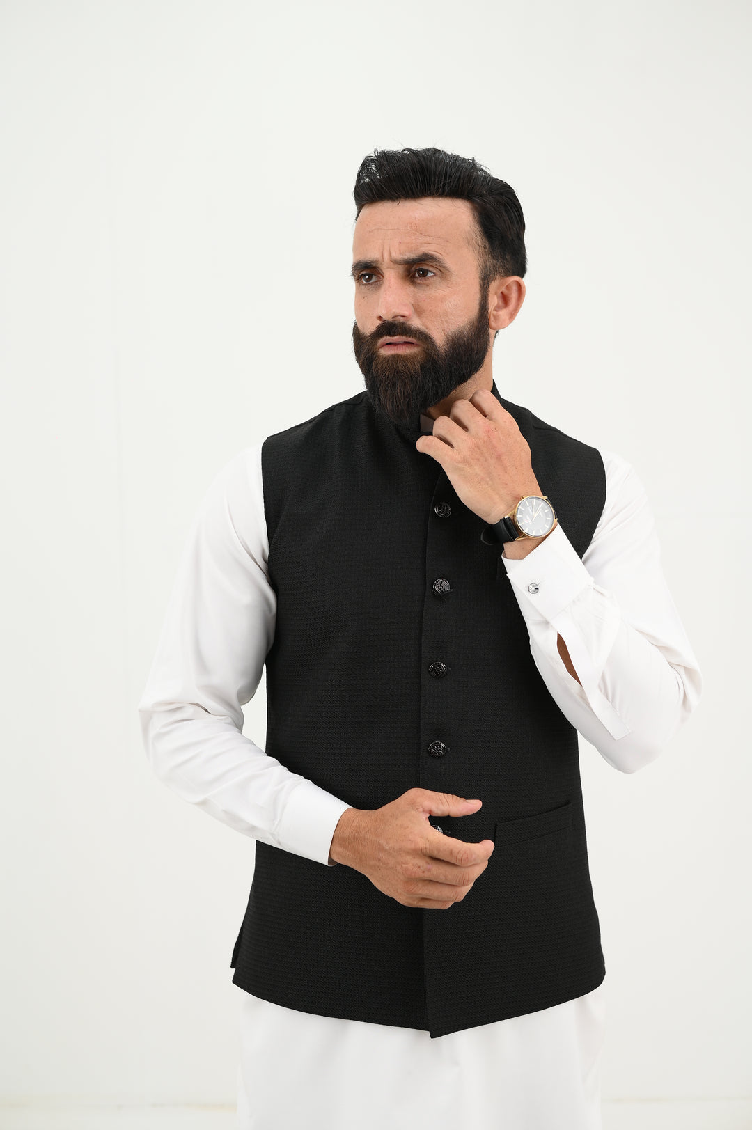 AlifYay - Woolen Kurta Shalwar With Waistcoat For Men - White & Black - 3 Piece Suit