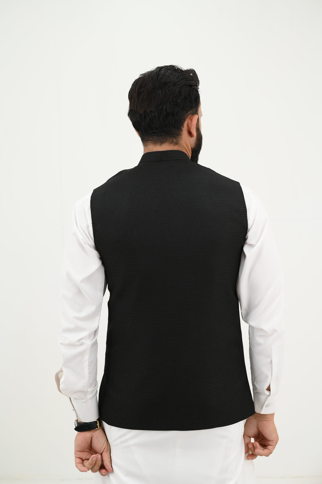 AlifYay - Woolen Kurta Shalwar With Waistcoat For Men - White & Black - 3 Piece Suit