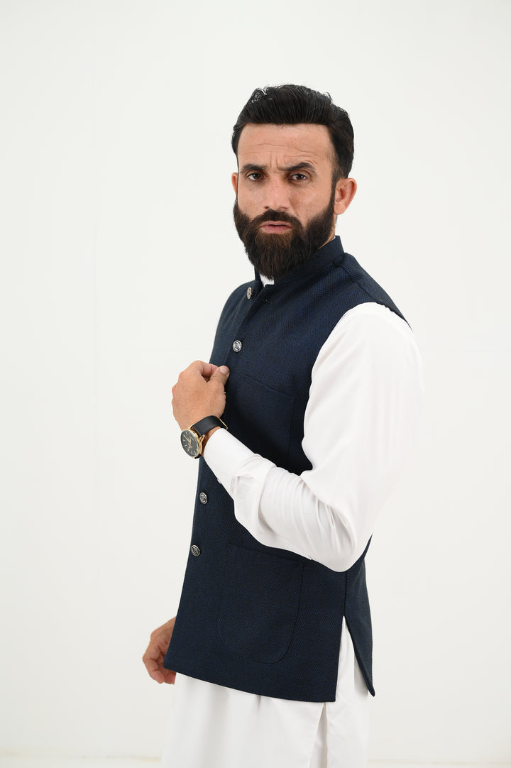 AlifYay - Woolen Kurta Shalwar With Waistcoat For Men - White & Deep Navy Blue - 3 Piece Suit