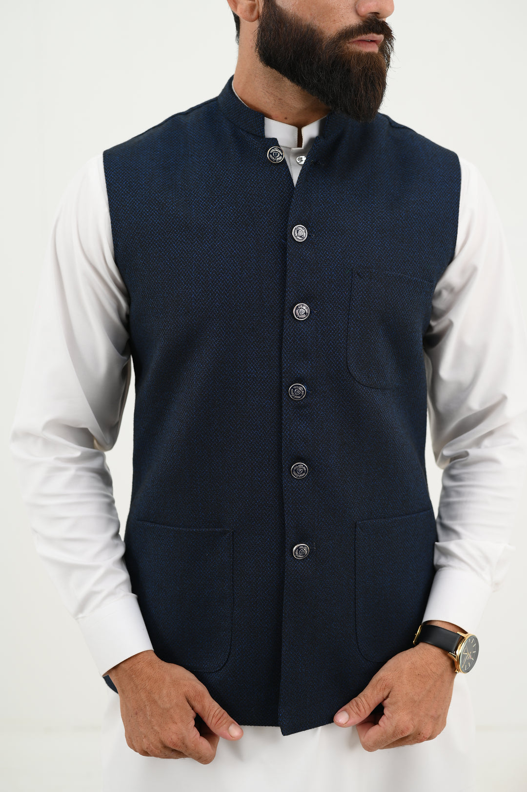 AlifYay - Woolen Kurta Shalwar With Waistcoat For Men - White & Deep Navy Blue - 3 Piece Suit