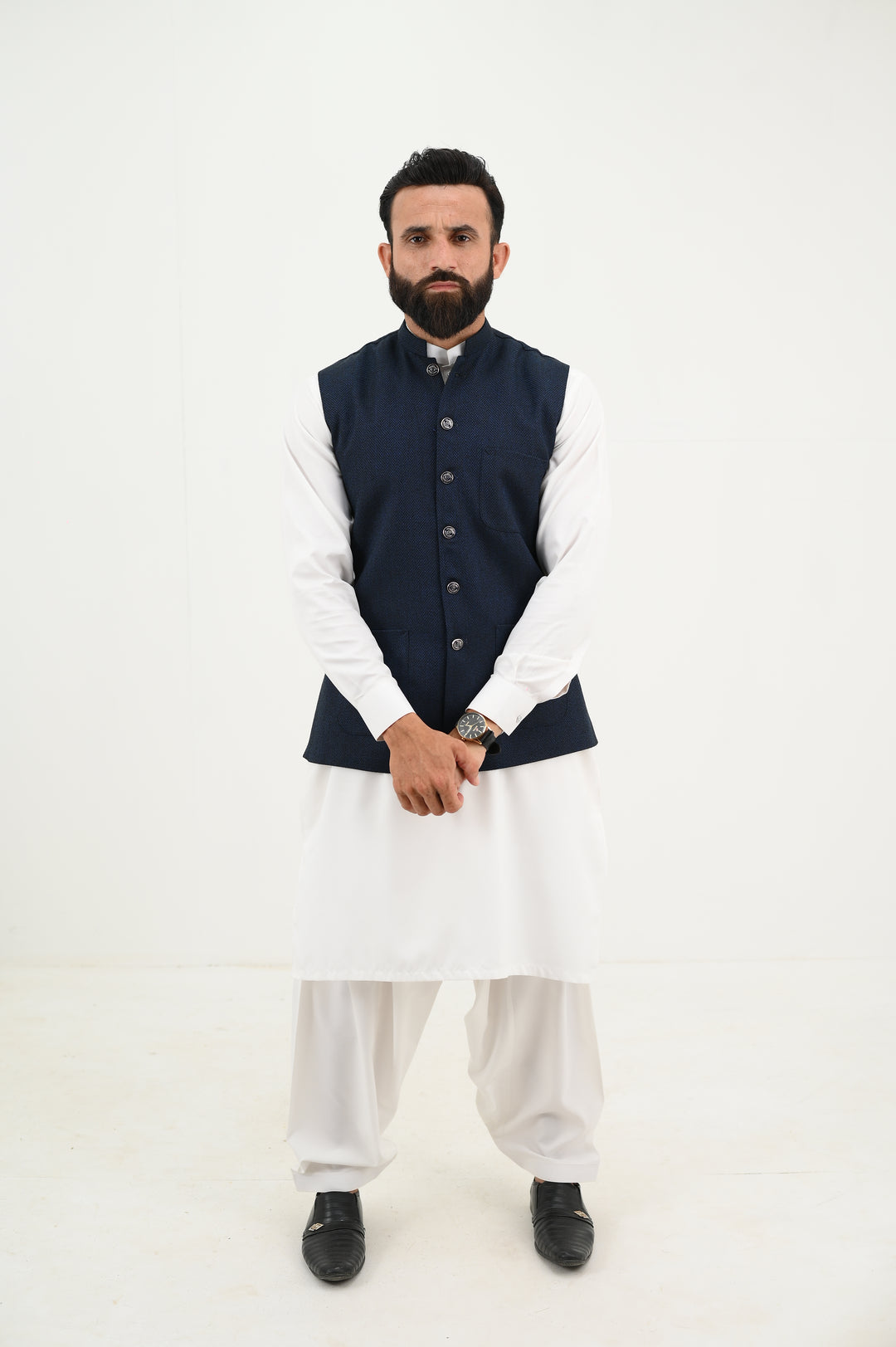 AlifYay - Woolen Kurta Shalwar With Waistcoat For Men - White & Deep Navy Blue - 3 Piece Suit