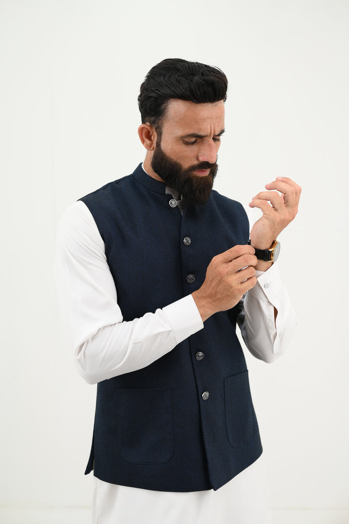 AlifYay - Woolen Kurta Shalwar With Waistcoat For Men - White & Deep Navy Blue - 3 Piece Suit