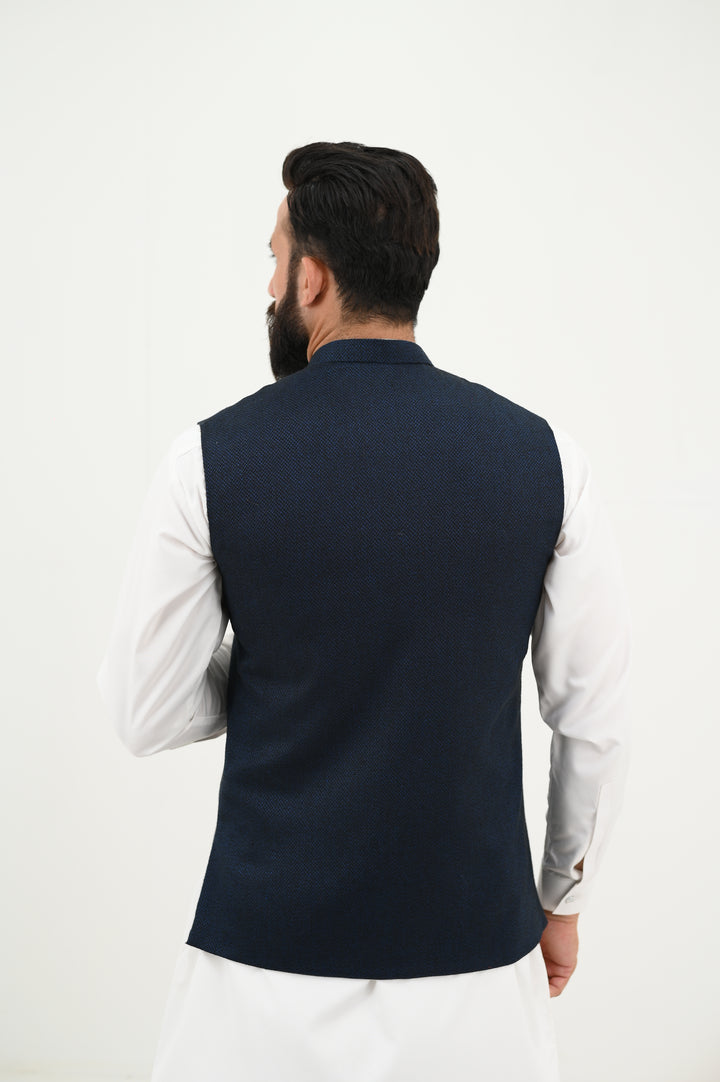 AlifYay - Woolen Kurta Shalwar With Waistcoat For Men - White & Deep Navy Blue - 3 Piece Suit