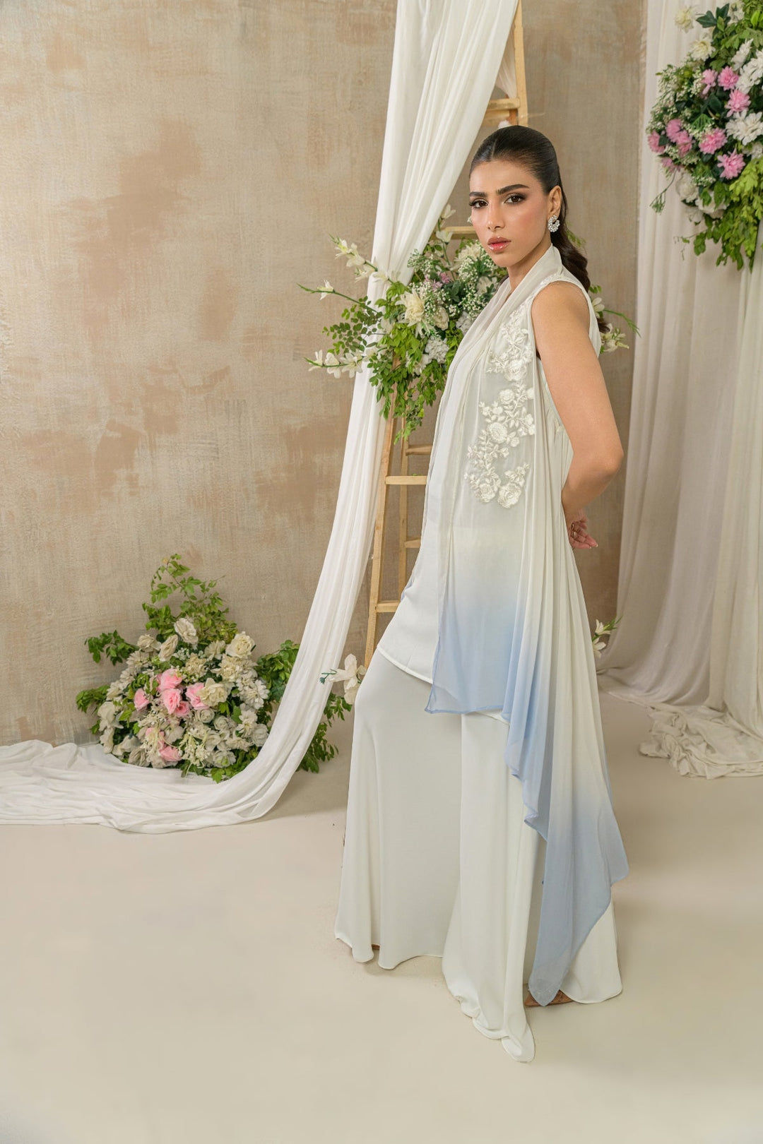 Alishba Kashif - Azurea Georgette Jacket For Women - White, Blue - 2 Piece