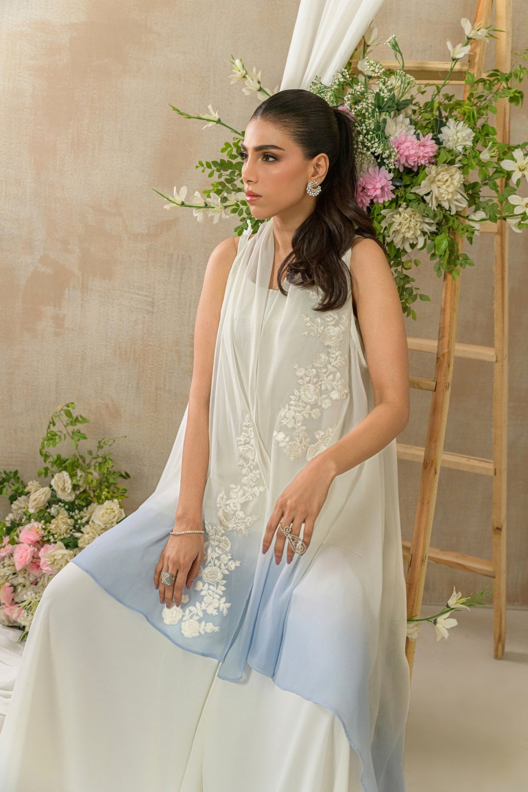 Alishba Kashif - Azurea Georgette Jacket For Women - White, Blue - 2 Piece