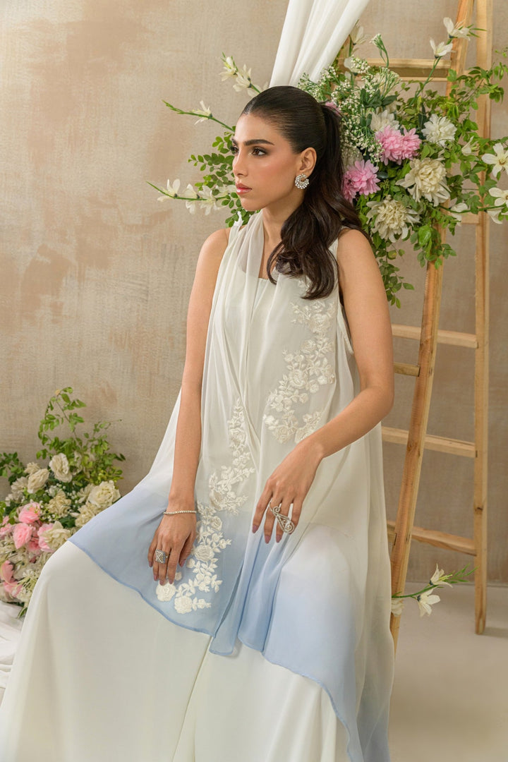 Alishba Kashif - Azurea Georgette Jacket For Women - White, Blue - 2 Piece