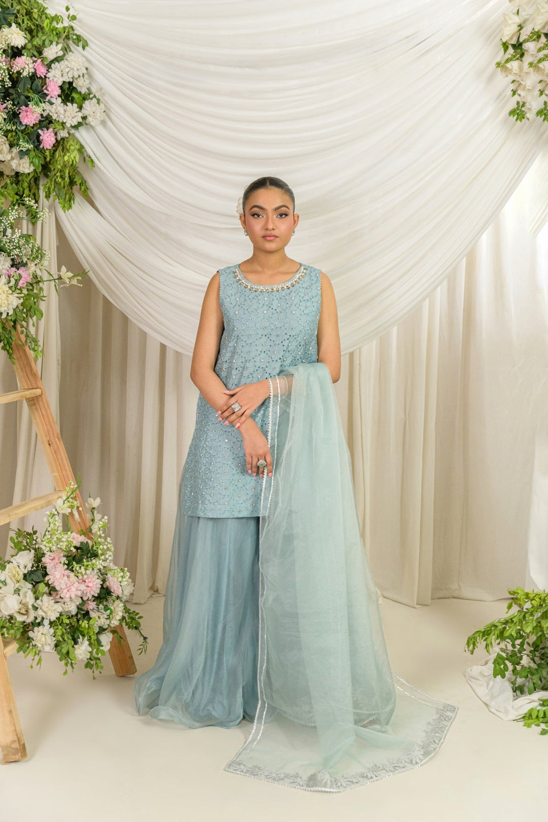 Alishba Kashif - Frost Bloom Silk Suit For Women - Blue - 3 Piece