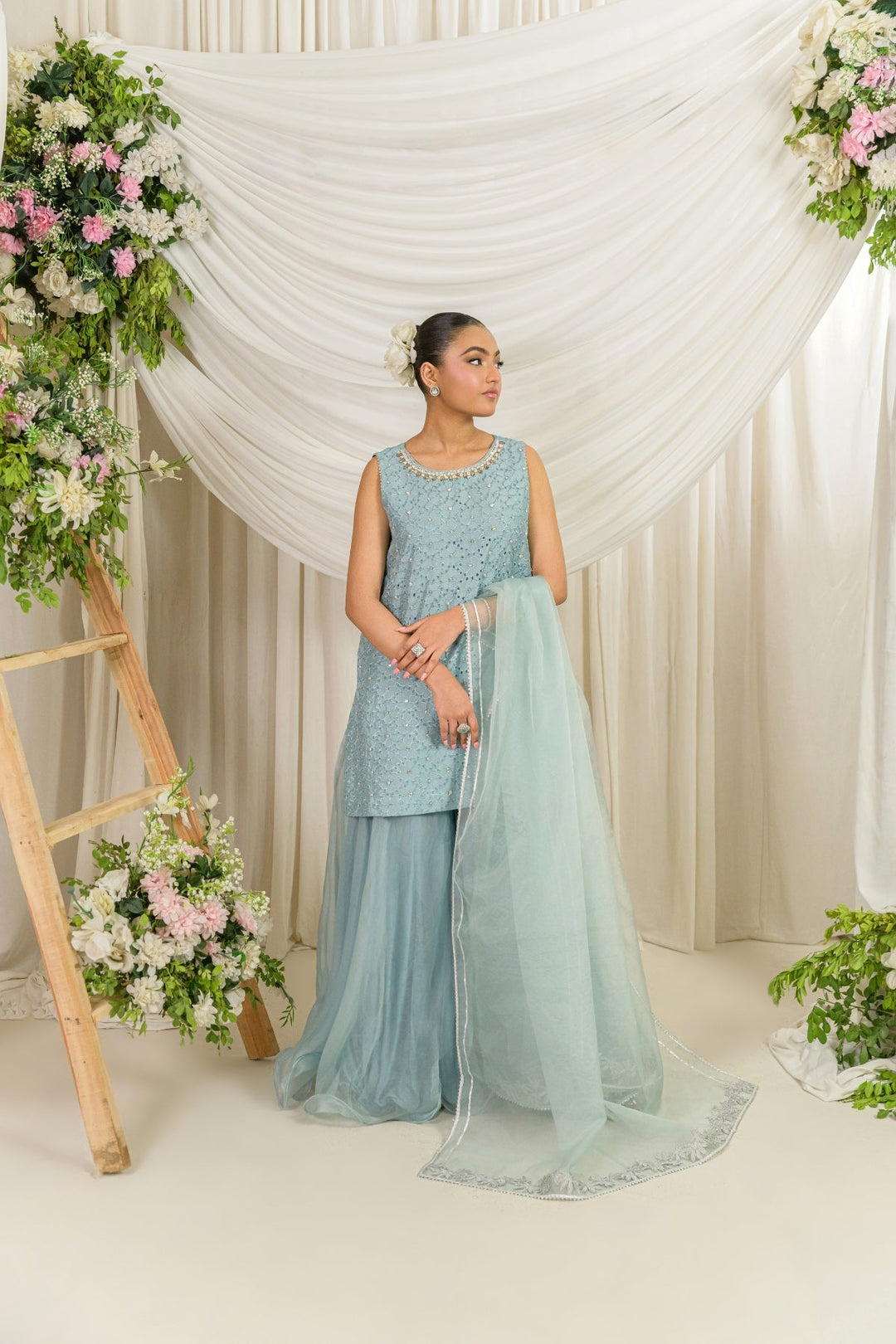 Alishba Kashif - Frost Bloom Silk Suit For Women - Blue - 3 Piece