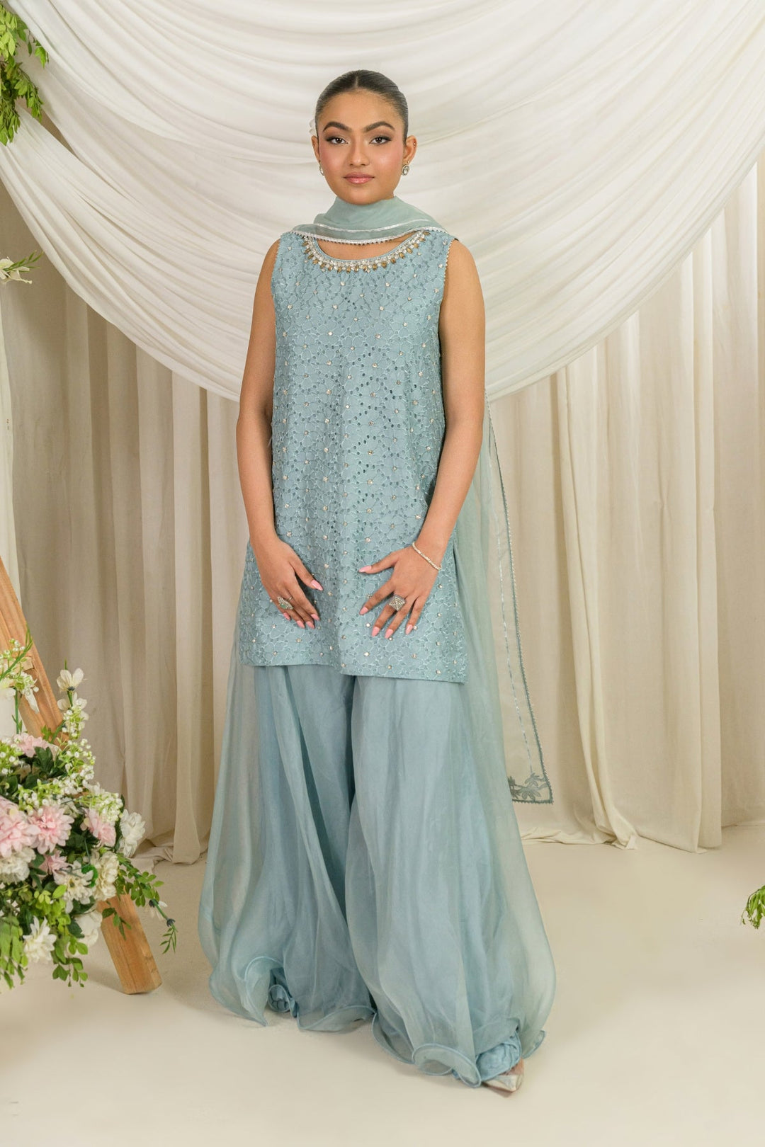 Alishba Kashif - Frost Bloom Silk Suit For Women - Blue - 3 Piece