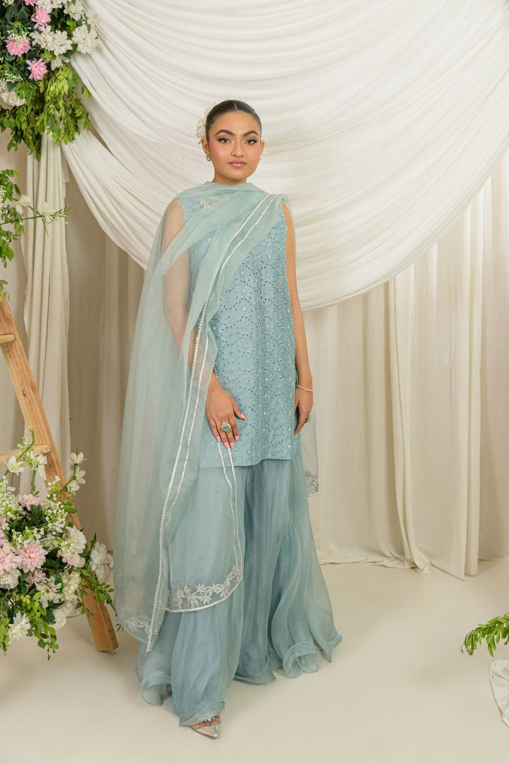 Alishba Kashif - Frost Bloom Silk Suit For Women - Blue - 3 Piece