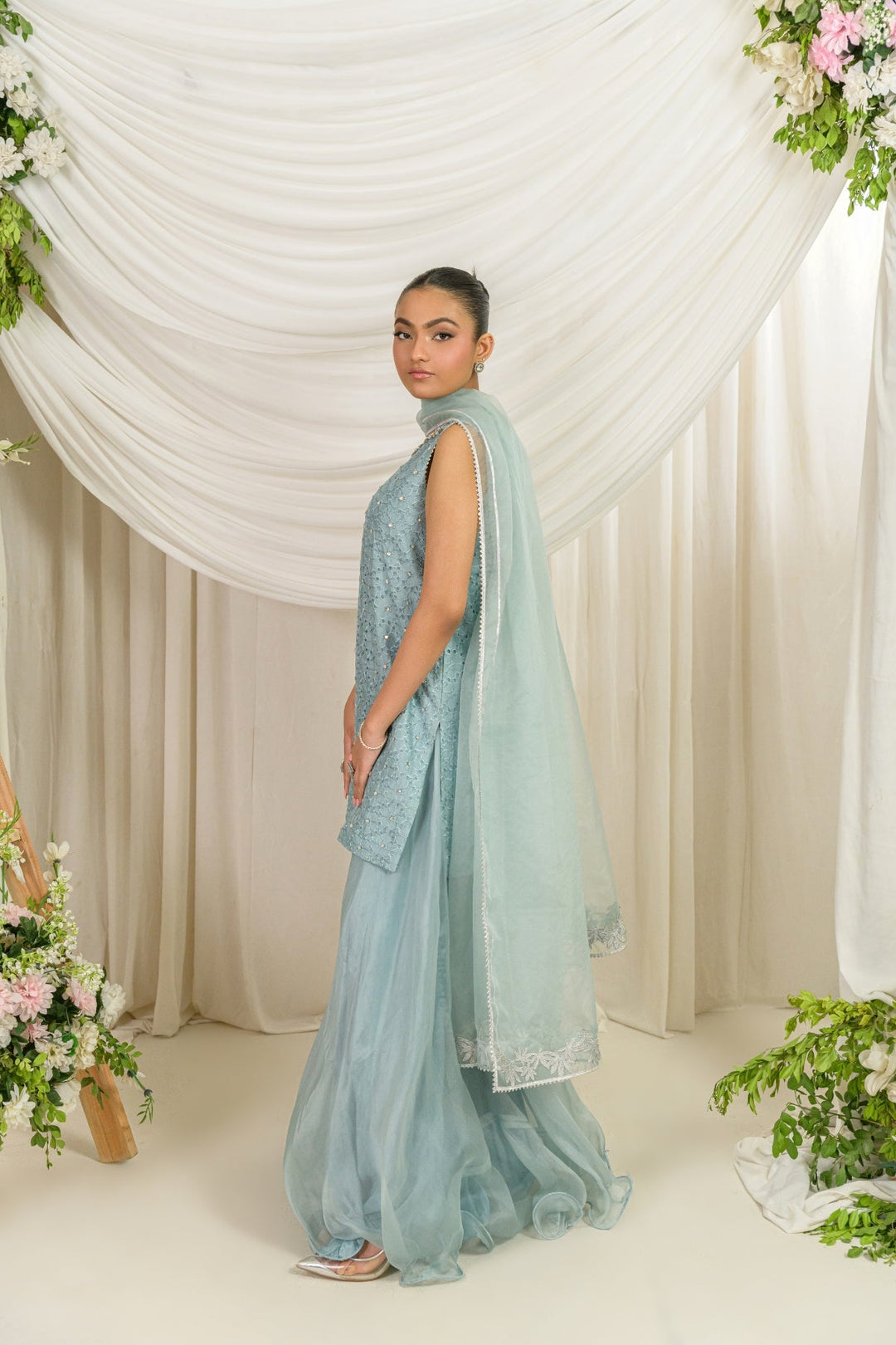 Alishba Kashif - Frost Bloom Silk Suit For Women - Blue - 3 Piece