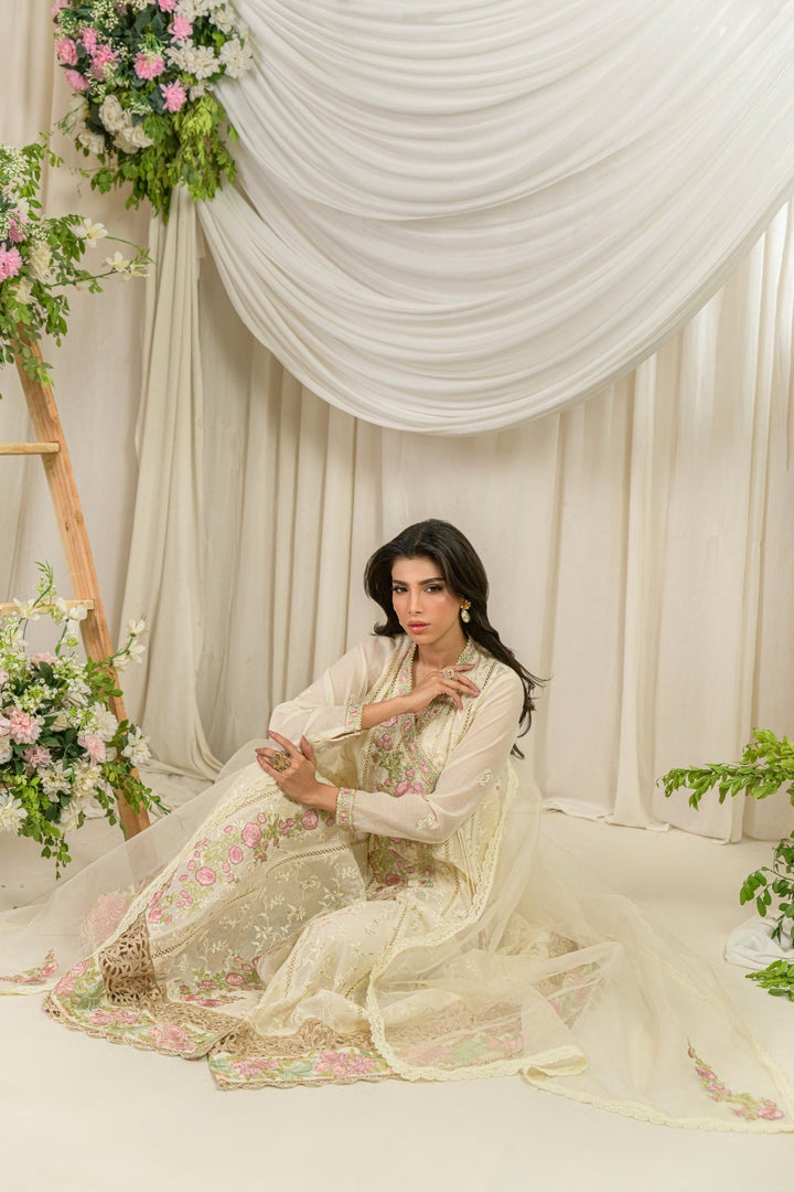 Alishba Kashif - Mehrunisa Cotton, Silk Pishwas For Women - Floral - 3 Piece