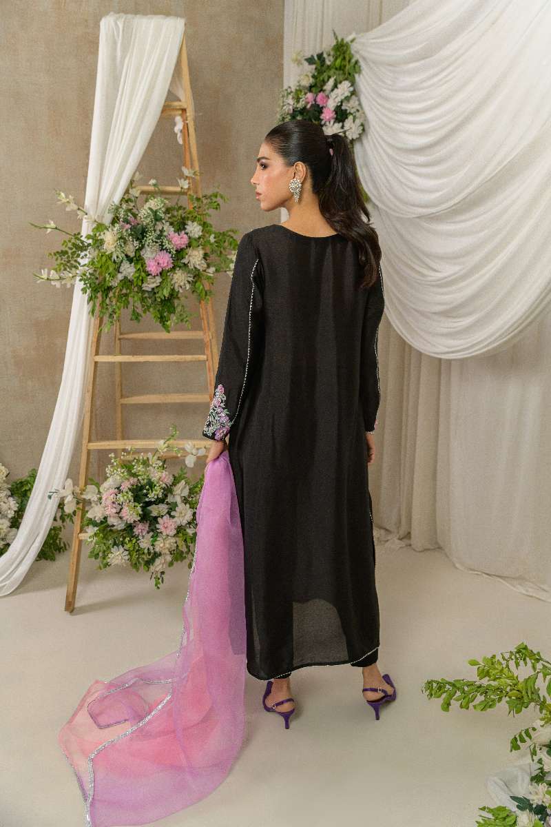 Alishba Kashif - Midnight Petals - Black - Tusser Silk - 3 Piece