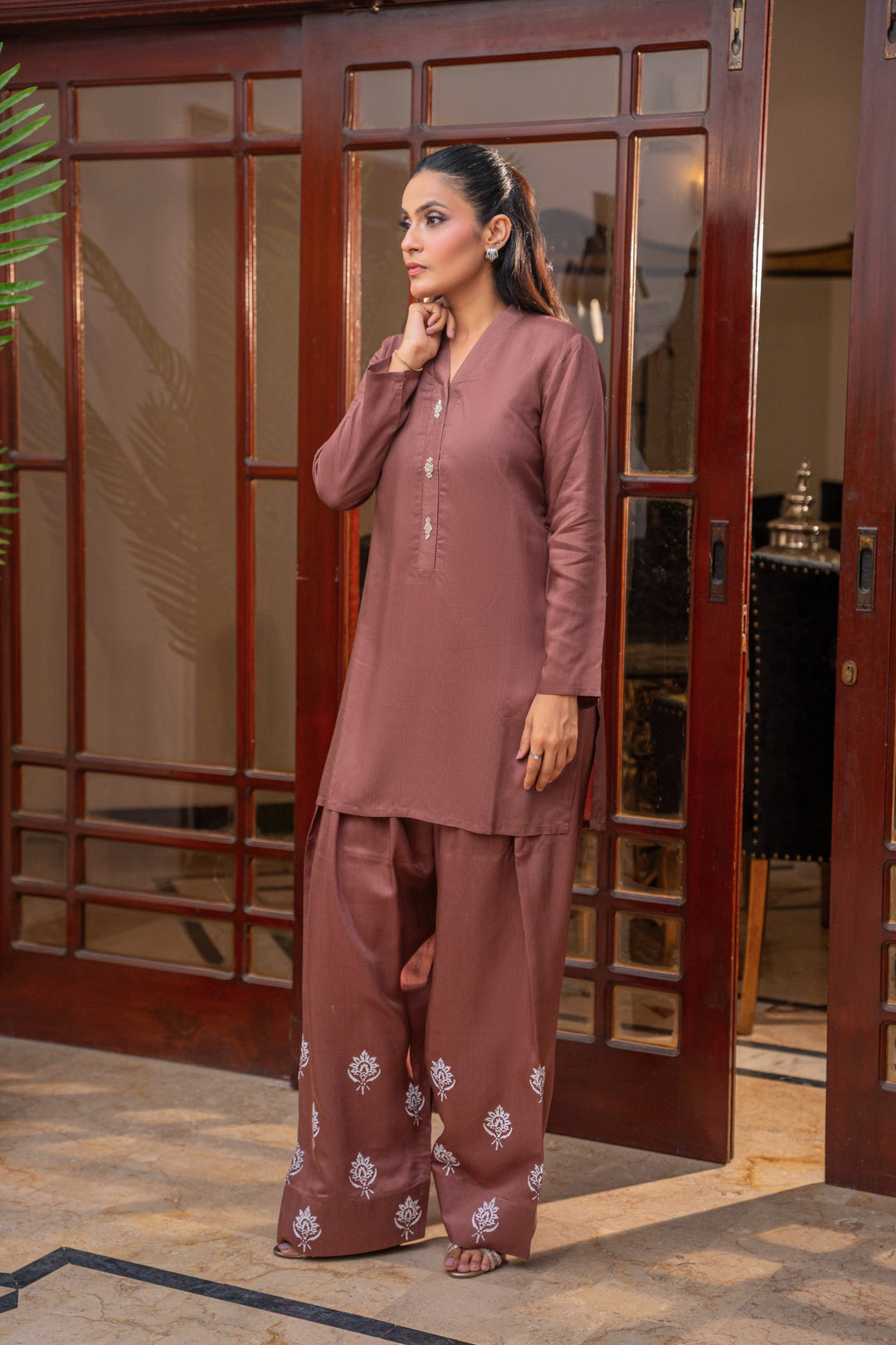Alishba Kashif - Mocha Muse Viscose Suit For Women - Brown - 2 Piece