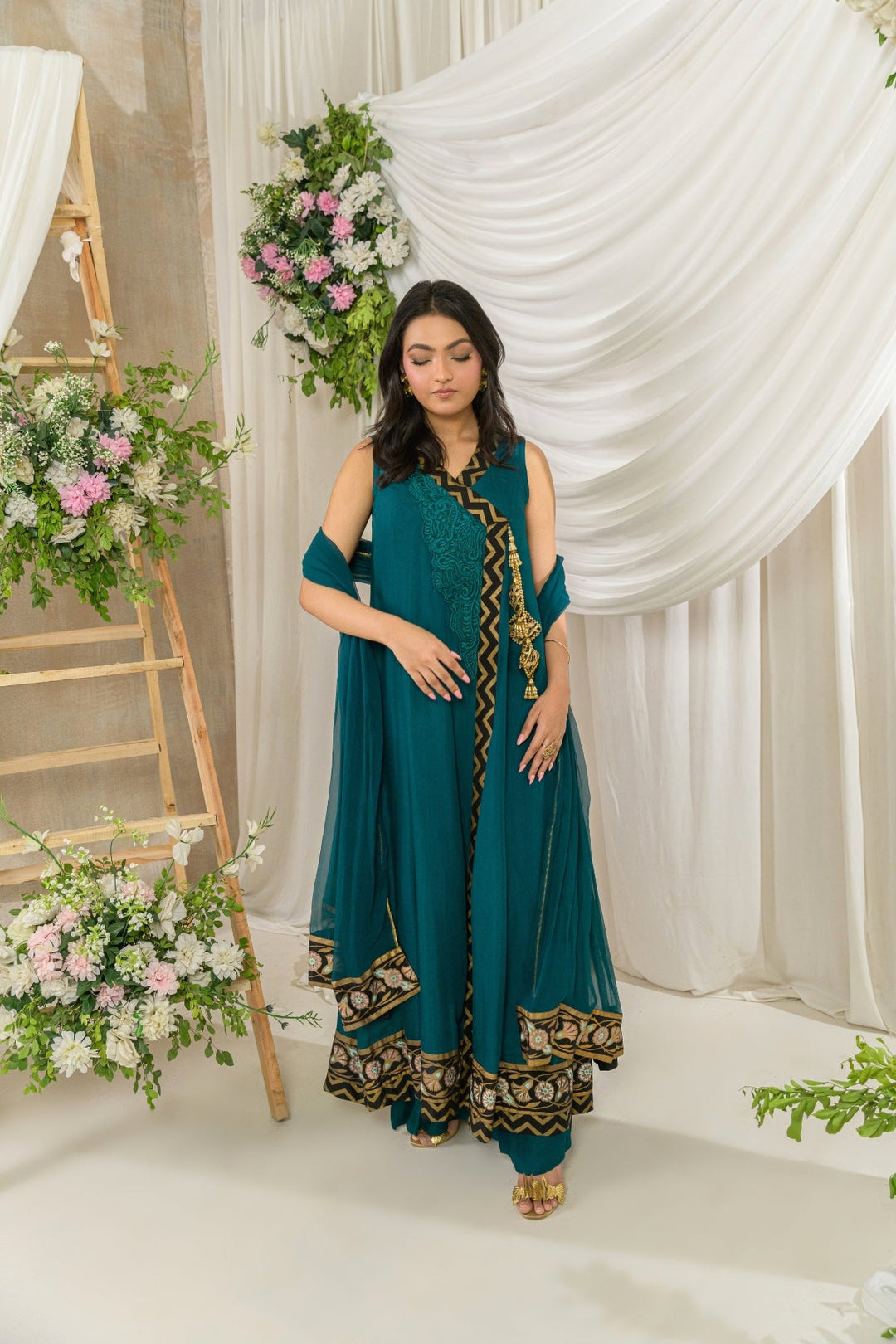 Alishba Kashif - Nyra Cotton, Silk Pishwas For Women - Green - 3 Piece