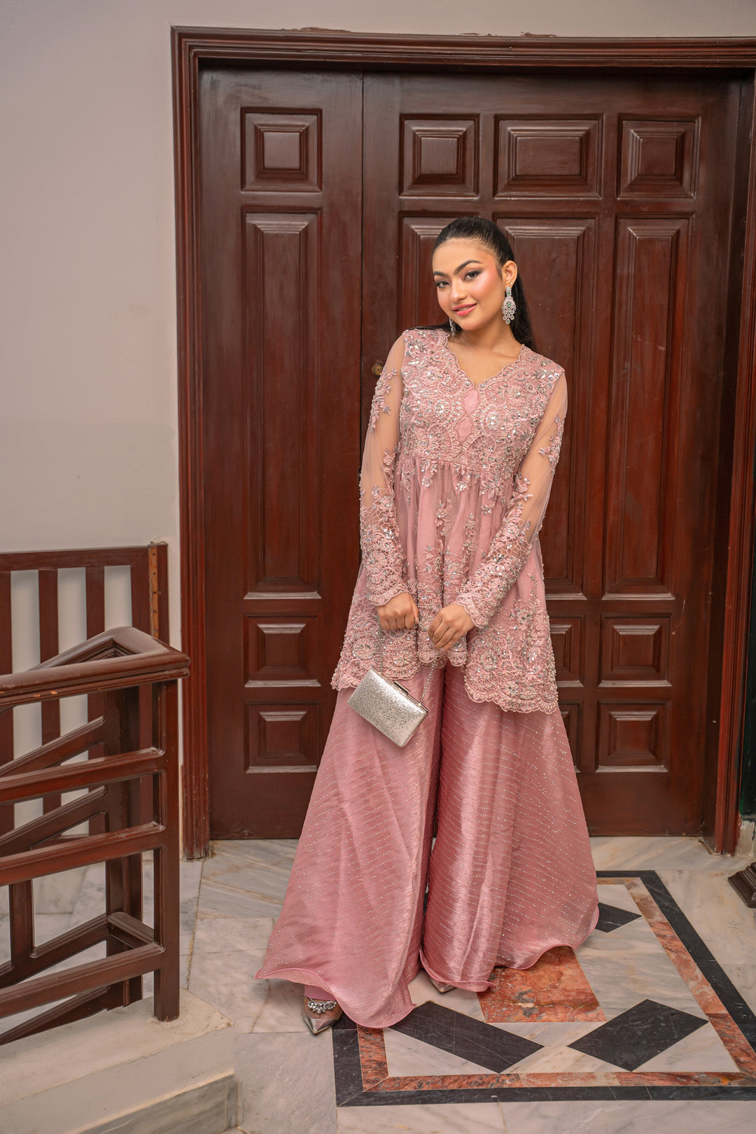 Alishba Kashif - Rose Muse Net Kurti Tunic Top For Women - Pink - 2 Piece