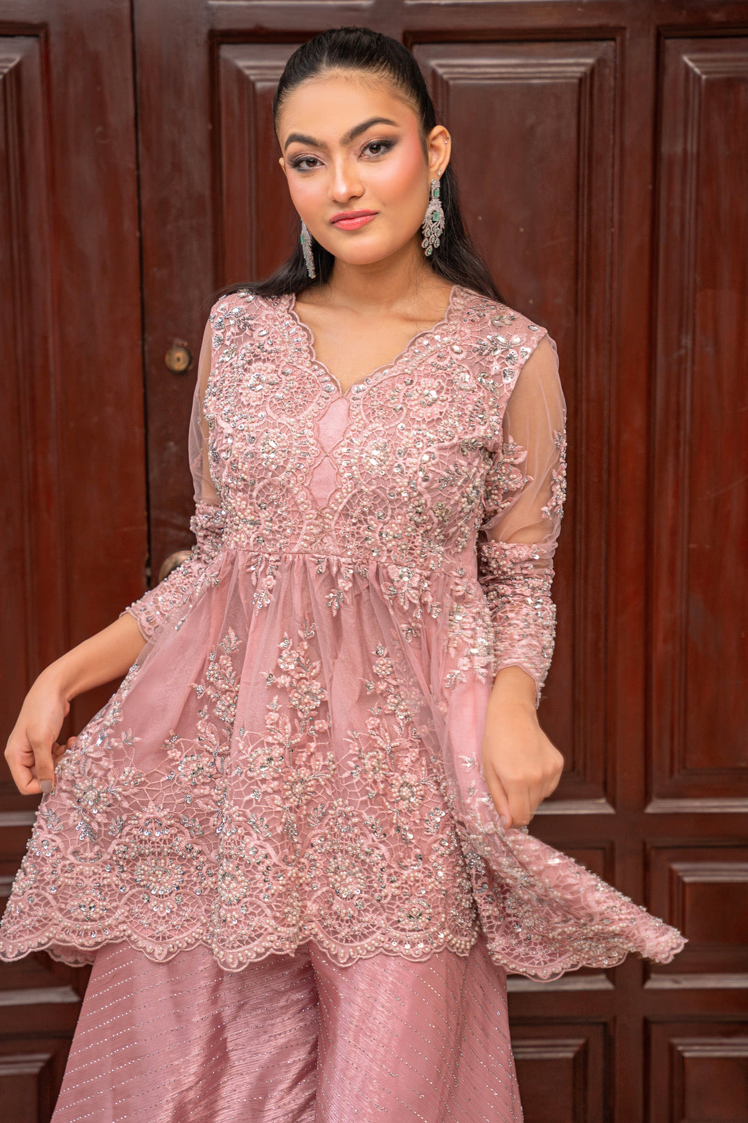 Alishba Kashif - Rose Muse Net Kurti Tunic Top For Women - Pink - 2 Piece