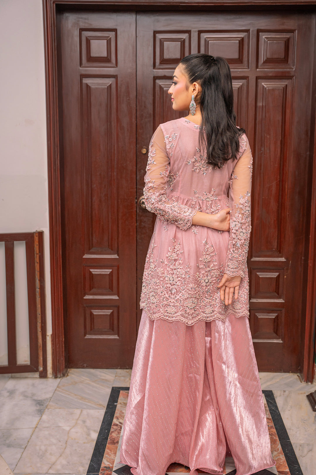 Alishba Kashif - Rose Muse Net Kurti Tunic Top For Women - Pink - 2 Piece