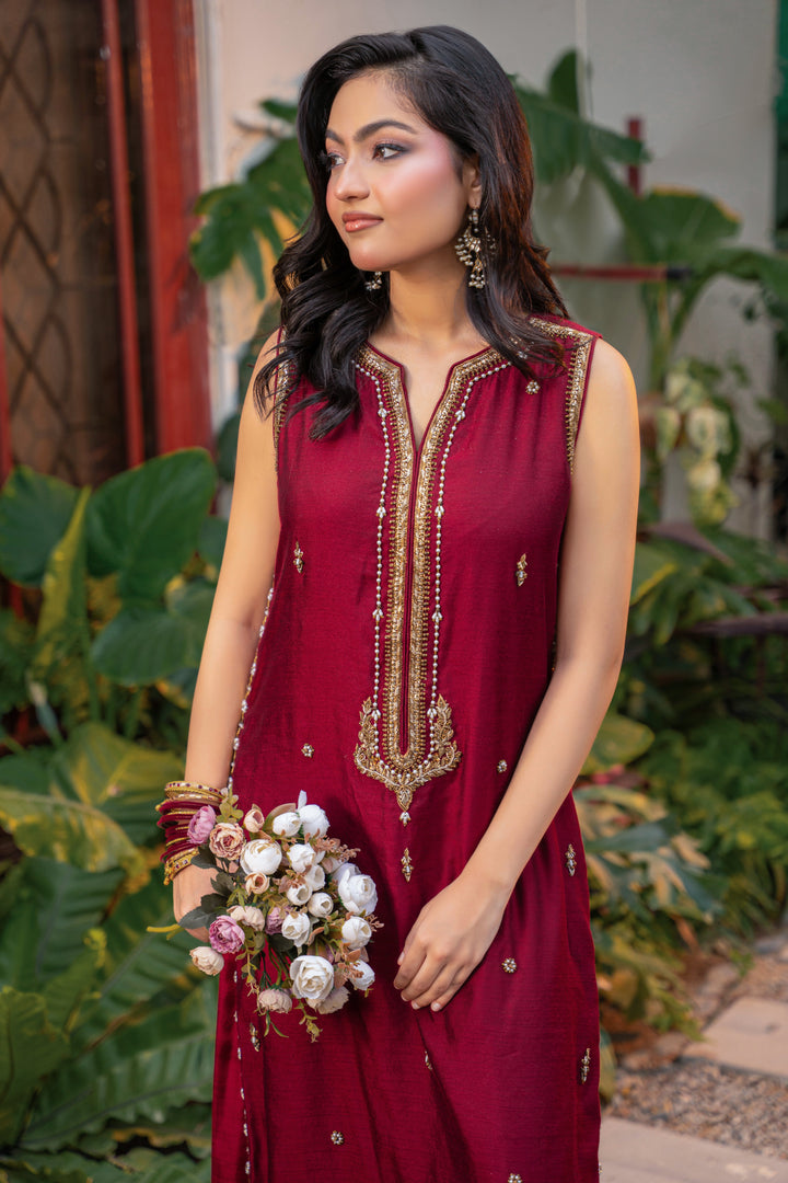 Alishba Kashif - Rouge Silk Suit For Women - Red - 2 Piece