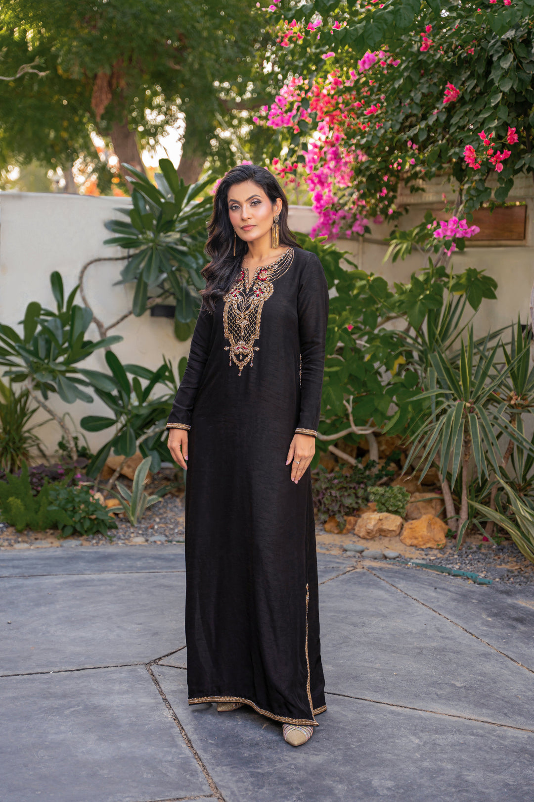 Alishba Kashif - Shahnoor Silk Kaftan For Women - Black - 1 Piece