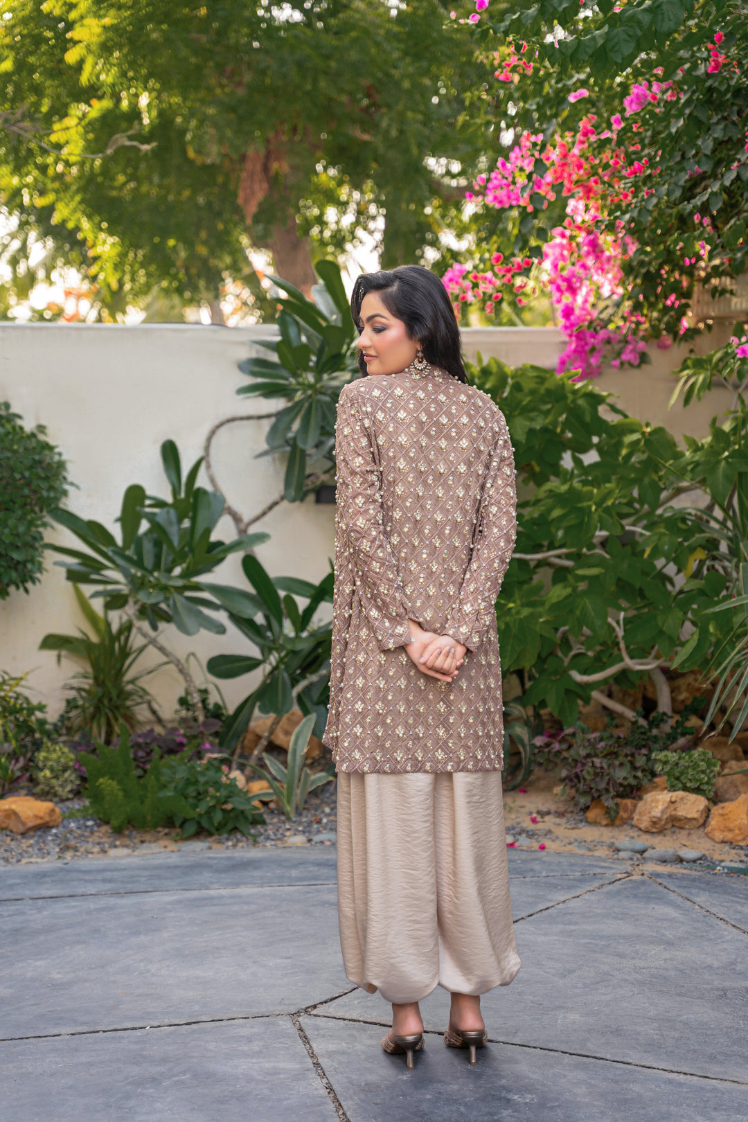 Alishba Kashif - Taupe Eclat Satin Suit For Women - Taupe - 2 Piece