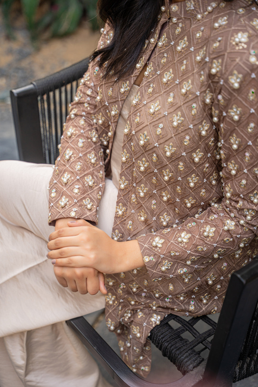 Alishba Kashif - Taupe Eclat Satin Suit For Women - Taupe - 2 Piece