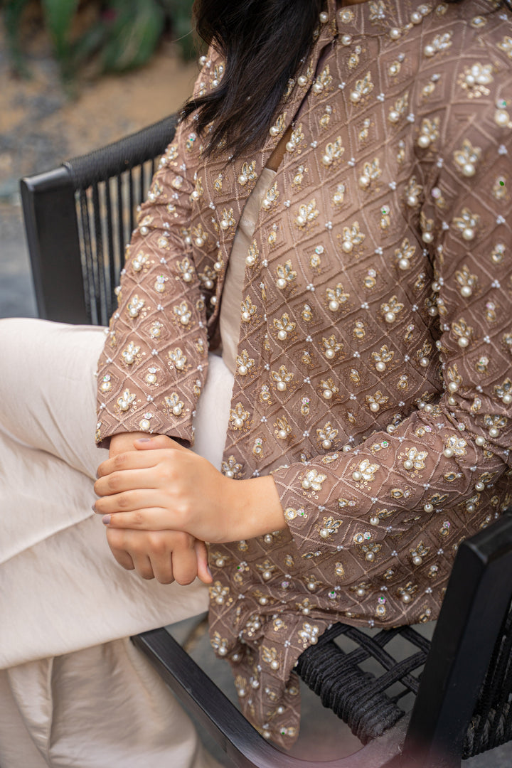 Alishba Kashif - Taupe Eclat Satin Suit For Women - Taupe - 2 Piece