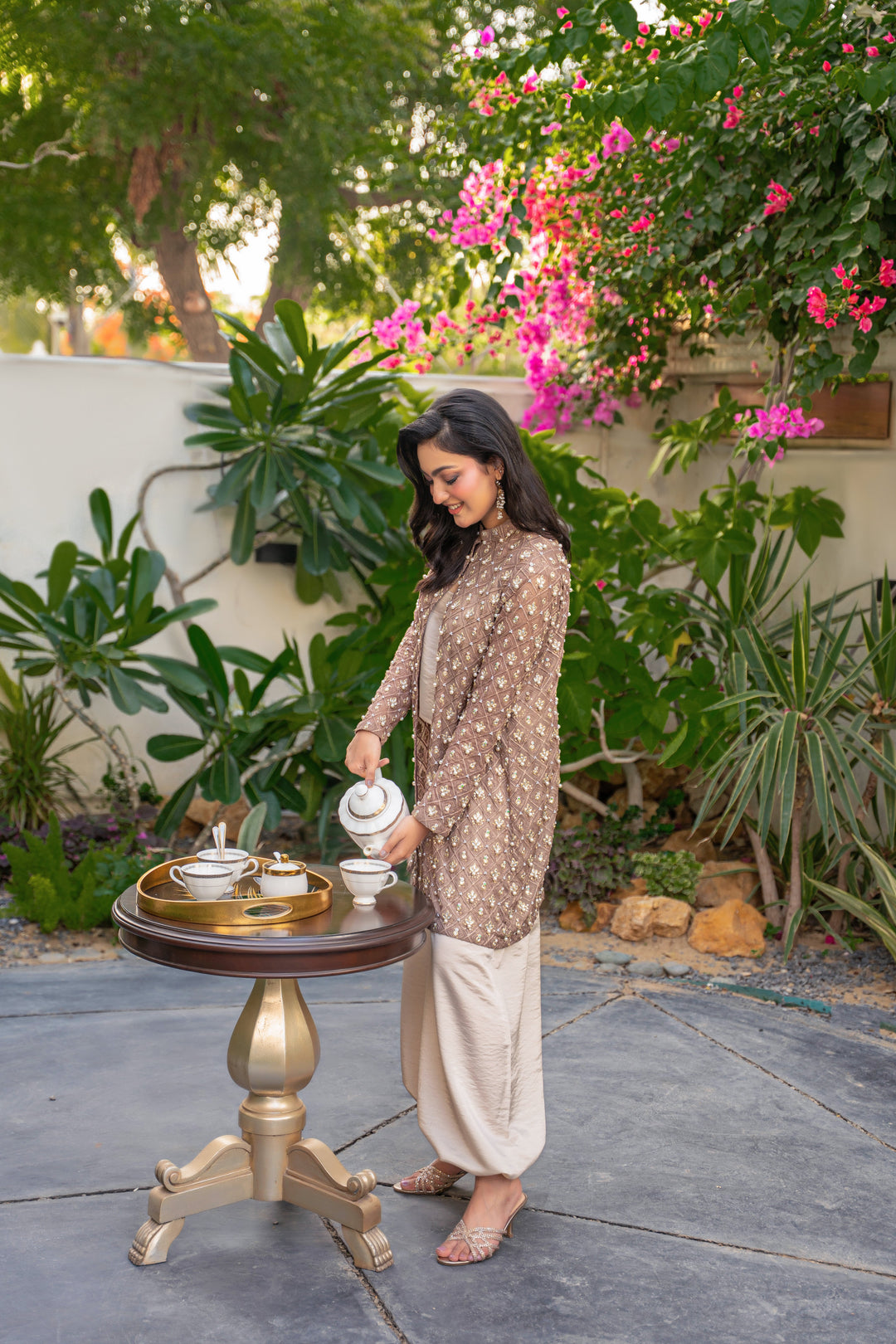 Alishba Kashif - Taupe Eclat Satin Suit For Women - Taupe - 2 Piece