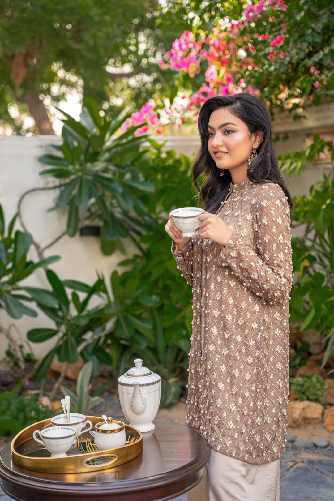 Alishba Kashif - Taupe Eclat Satin Suit For Women - Taupe - 2 Piece