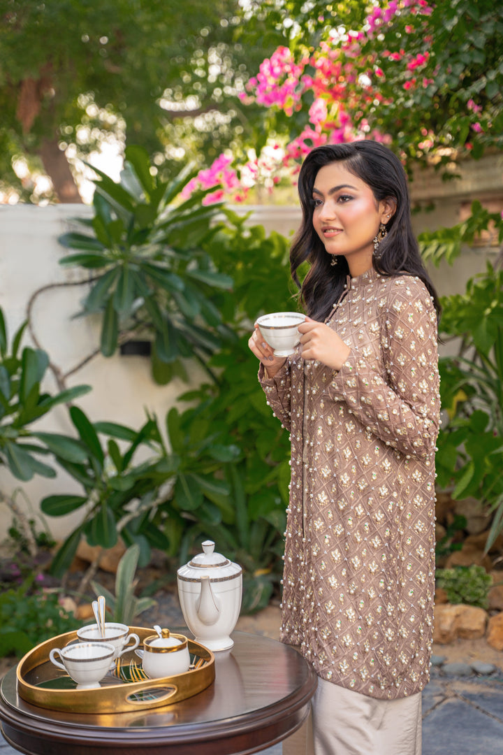 Alishba Kashif - Taupe Eclat Satin Suit For Women - Taupe - 2 Piece