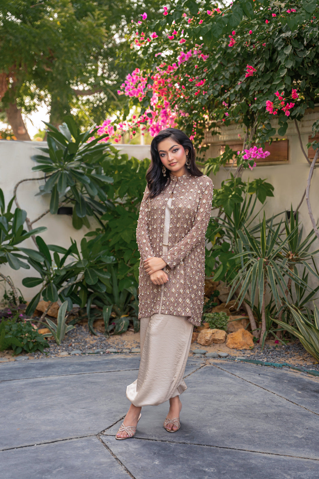 Alishba Kashif - Taupe Eclat Satin Suit For Women - Taupe - 2 Piece